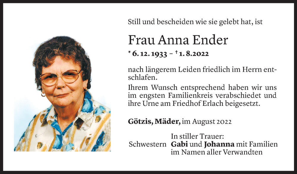  Todesanzeige für Anna Ender vom 06.08.2022 aus Vorarlberger Nachrichten