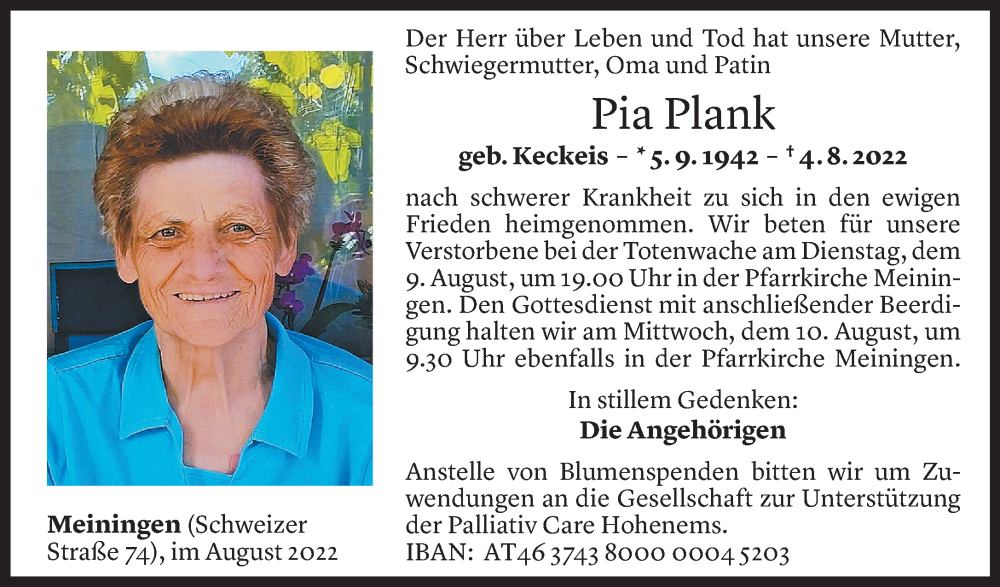  Todesanzeige für Pia Plank vom 06.08.2022 aus Vorarlberger Nachrichten