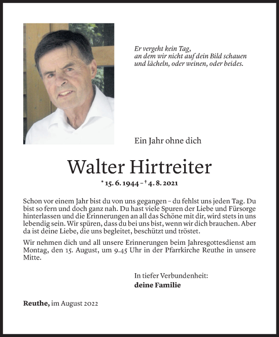 Todesanzeige von Walter Hirtreiter von vorarlberger nachrichten