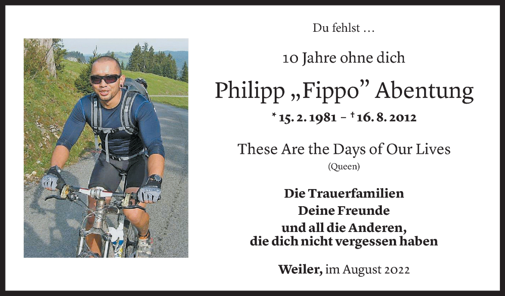  Todesanzeige für Philipp Abentung vom 16.08.2022 aus vorarlberger nachrichten