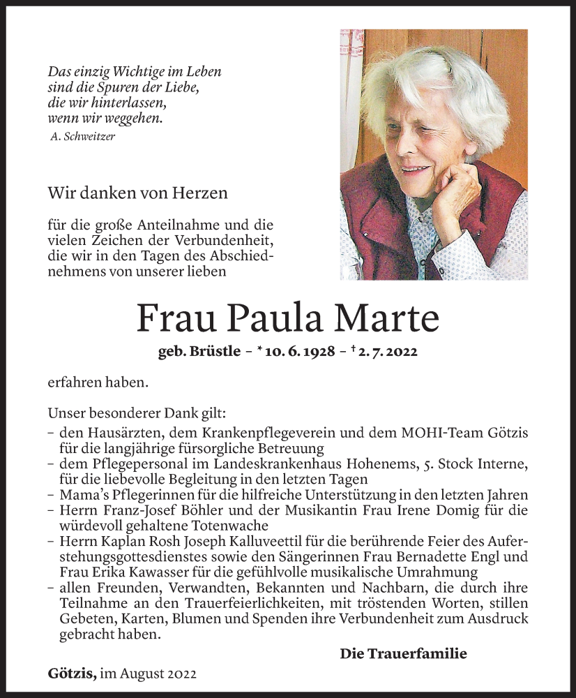  Todesanzeige für Paula Marte vom 20.08.2022 aus Vorarlberger Nachrichten