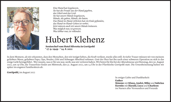 Todesanzeige von Hubert Klehenz von Vorarlberger Nachrichten