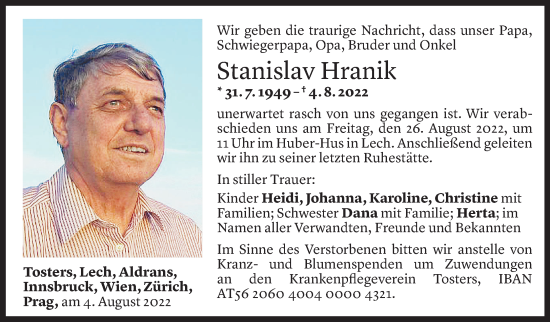 Todesanzeige von Stanislav Hranik von Vorarlberger Nachrichten