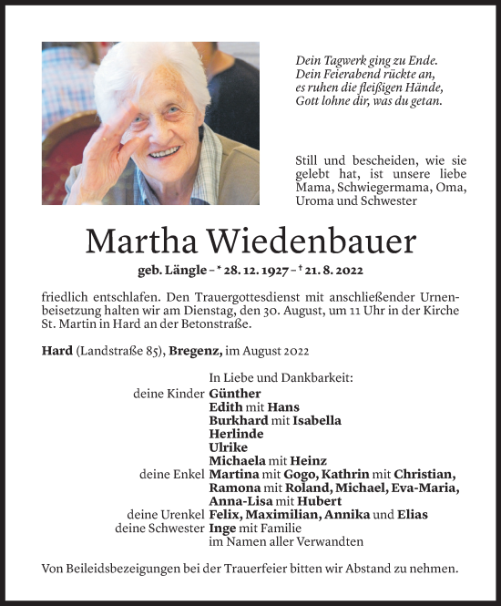 Todesanzeige von Martha Wiedenbauer von Vorarlberger Nachrichten