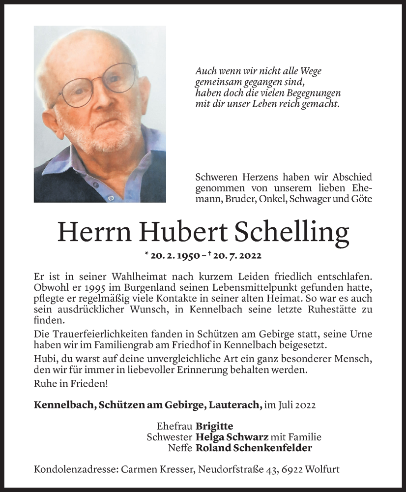  Todesanzeige für Hubert Schelling vom 13.08.2022 aus vorarlberger nachrichten