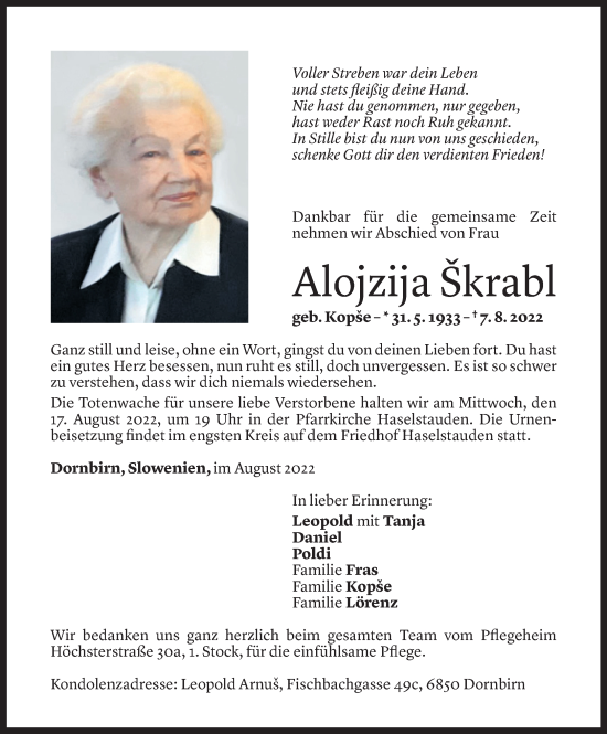 Todesanzeige von Alojzija Škrabl von Vorarlberger Nachrichten