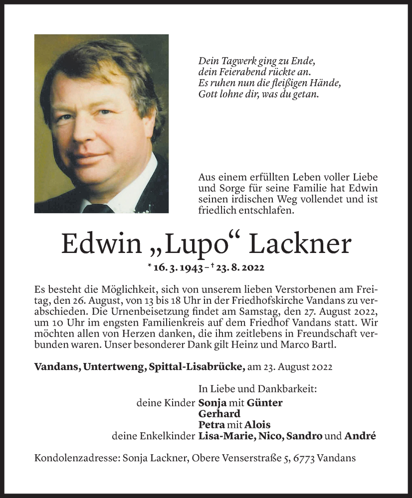  Todesanzeige für Edwin Lackner vom 25.08.2022 aus Vorarlberger Nachrichten