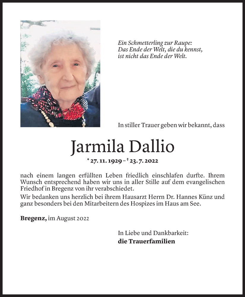  Todesanzeige für Jarmila Dallio vom 10.08.2022 aus Vorarlberger Nachrichten