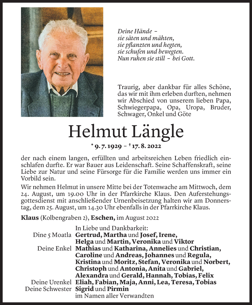  Todesanzeige für Helmut Längle vom 22.08.2022 aus Vorarlberger Nachrichten