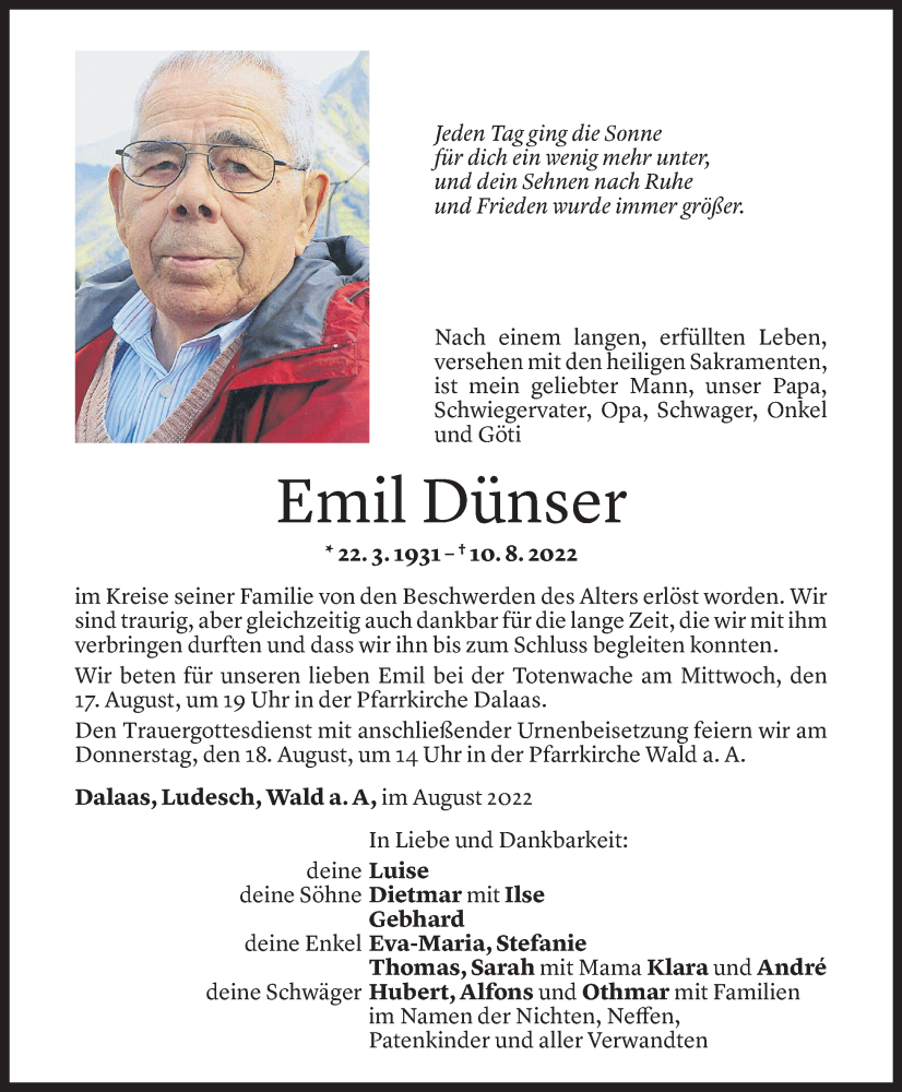  Todesanzeige für Emil Dünser vom 16.08.2022 aus vorarlberger nachrichten