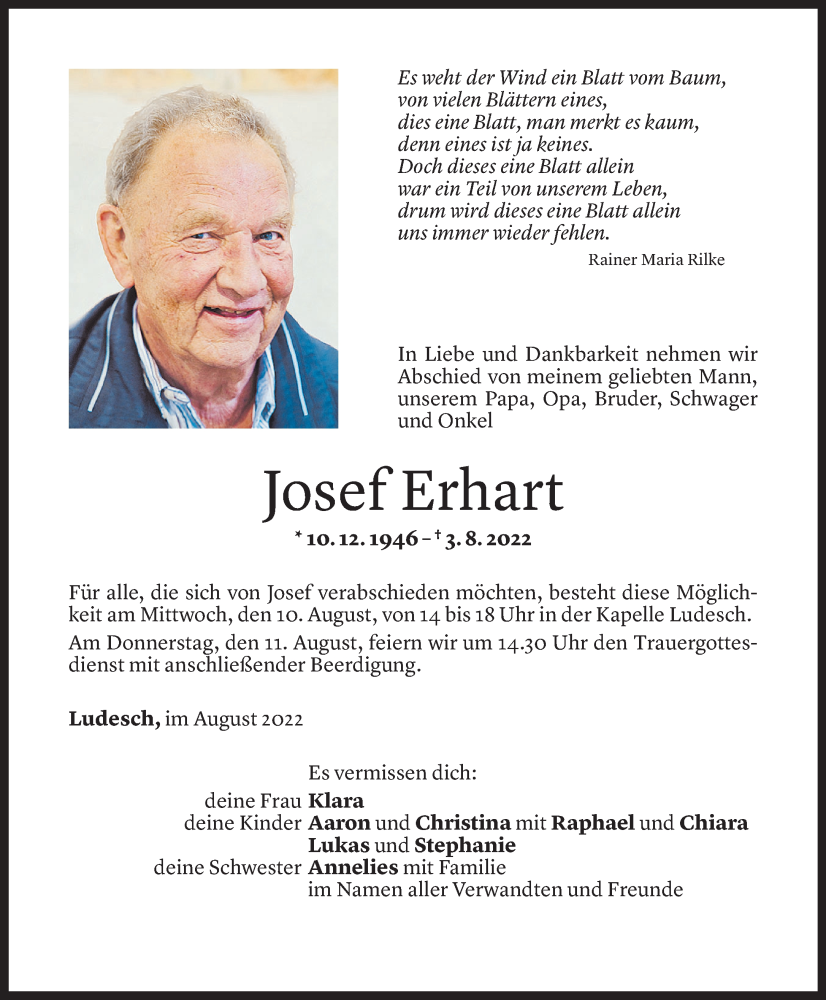  Todesanzeige für Josef Erhart vom 07.08.2022 aus Vorarlberger Nachrichten
