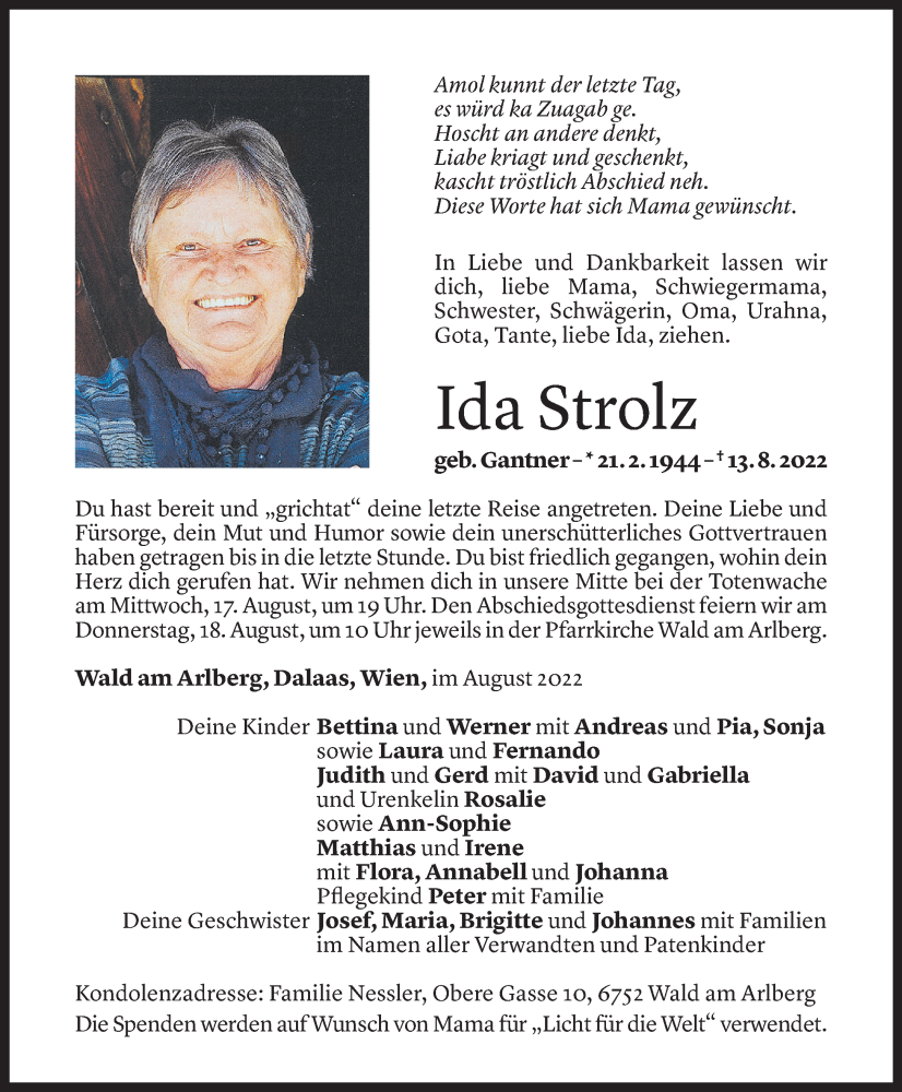  Todesanzeige für Ida Strolz vom 16.08.2022 aus Vorarlberger Nachrichten