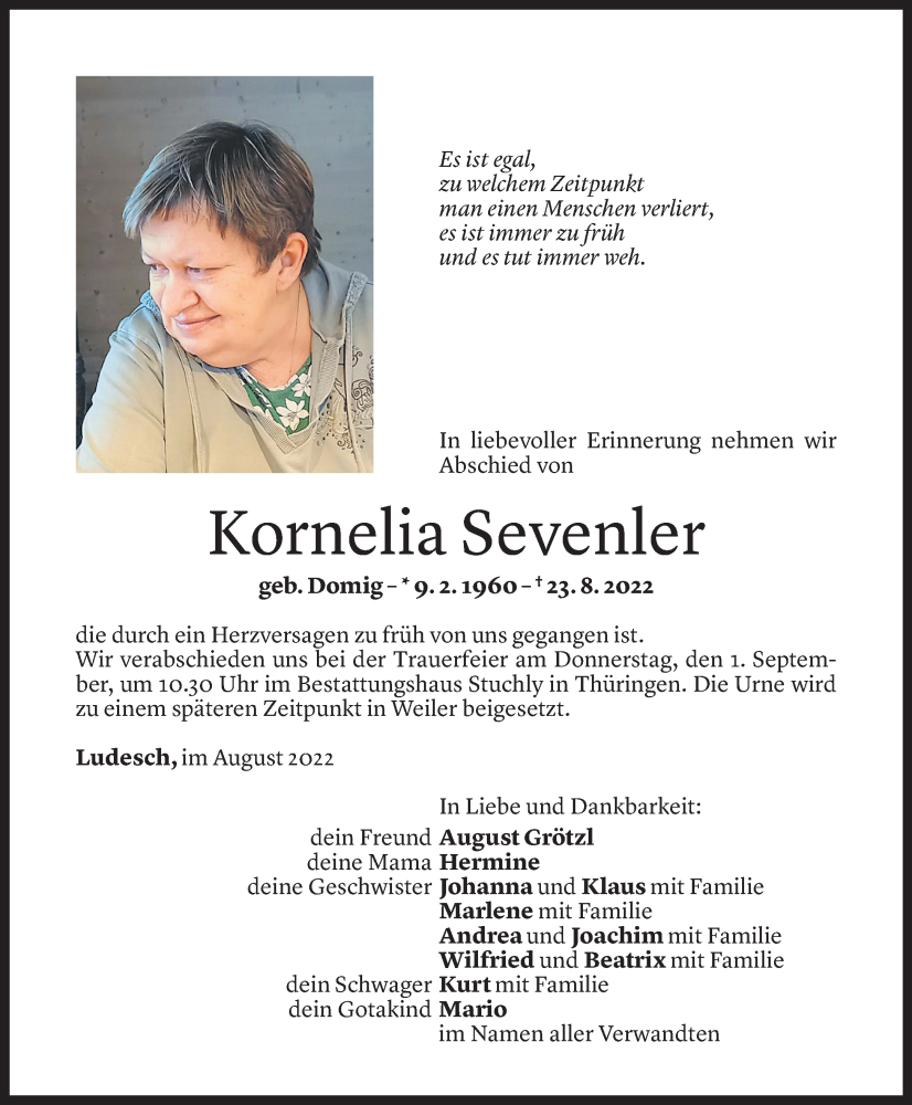  Todesanzeige für Kornelia Sevenler vom 29.08.2022 aus Vorarlberger Nachrichten