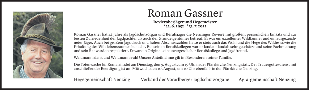  Todesanzeige für Roman Gassner vom 05.08.2022 aus Vorarlberger Nachrichten