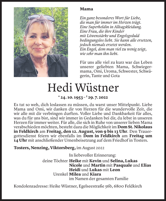 Todesanzeige von Hedi Wüstner von Vorarlberger Nachrichten
