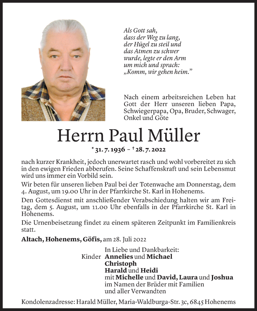  Todesanzeige für Paul Müller vom 02.08.2022 aus Vorarlberger Nachrichten