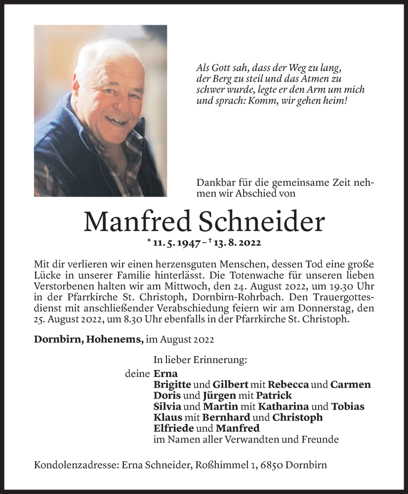  Todesanzeige für Manfred Schneider vom 18.08.2022 aus Vorarlberger Nachrichten