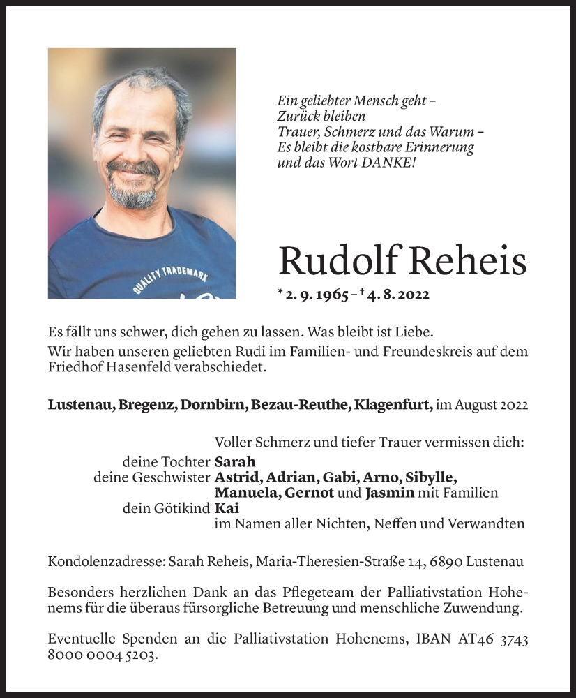  Todesanzeige für Rudolf Reheis vom 13.08.2022 aus vorarlberger nachrichten