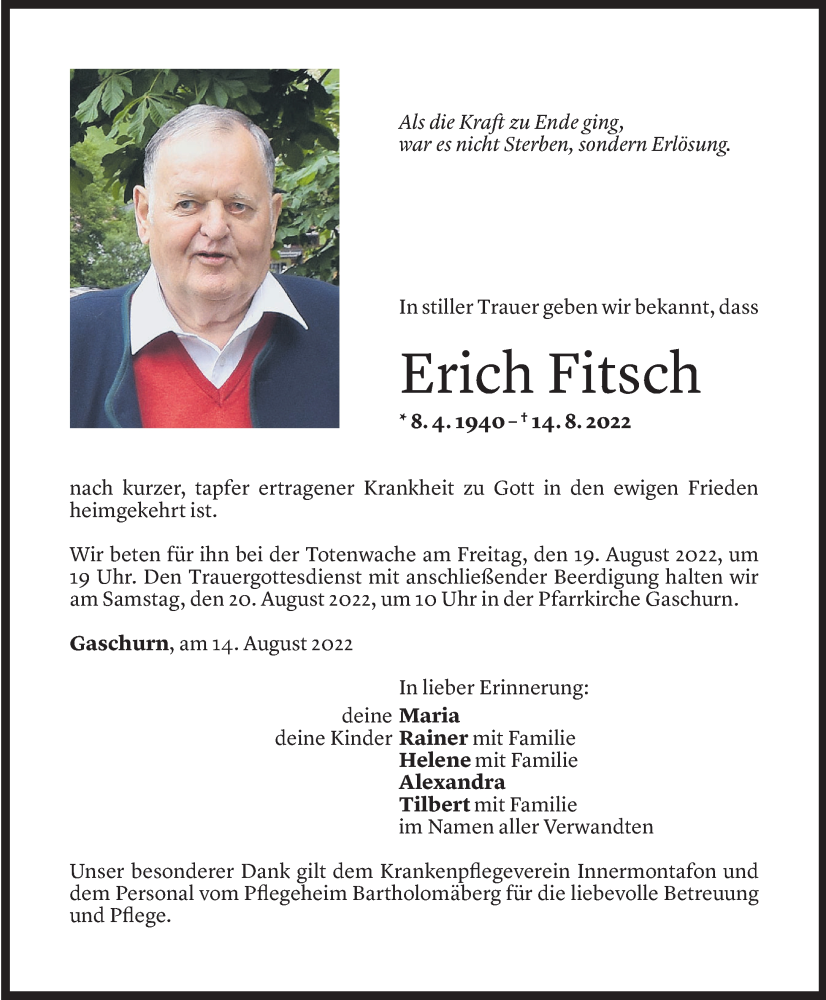  Todesanzeige für Erich Fitsch vom 17.08.2022 aus Vorarlberger Nachrichten