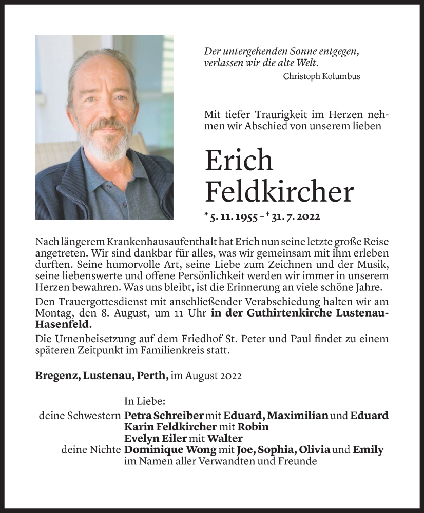  Todesanzeige für Erich Feldkircher vom 02.08.2022 aus Vorarlberger Nachrichten