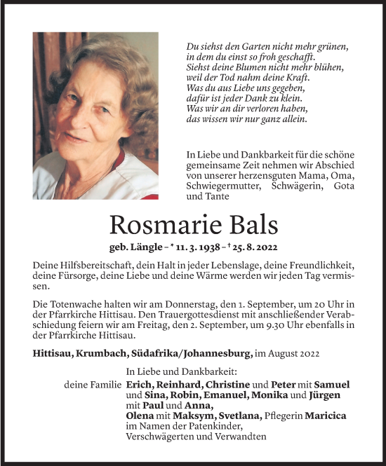 Todesanzeige von Rosmarie Bals von Vorarlberger Nachrichten