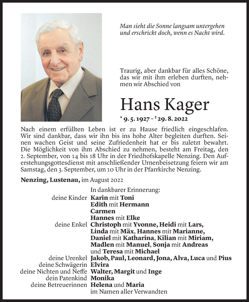  Todesanzeige für Hans Kager vom 01.09.2022 aus Vorarlberger Nachrichten