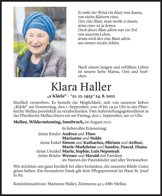 Todesanzeige von Klara Haller von Vorarlberger Nachrichten