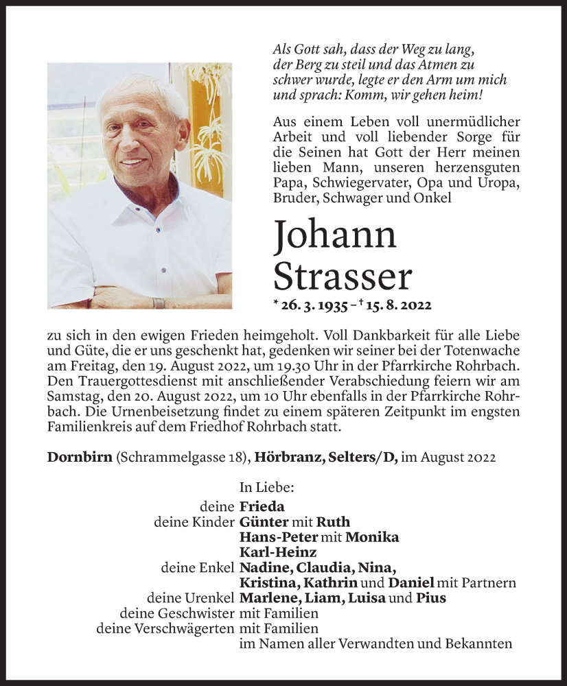  Todesanzeige für Johann Strasser vom 17.08.2022 aus Vorarlberger Nachrichten