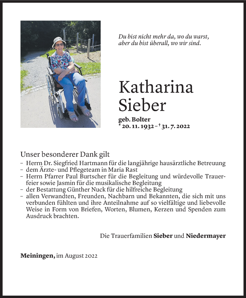  Todesanzeige für Katharina Sieber vom 25.08.2022 aus Vorarlberger Nachrichten