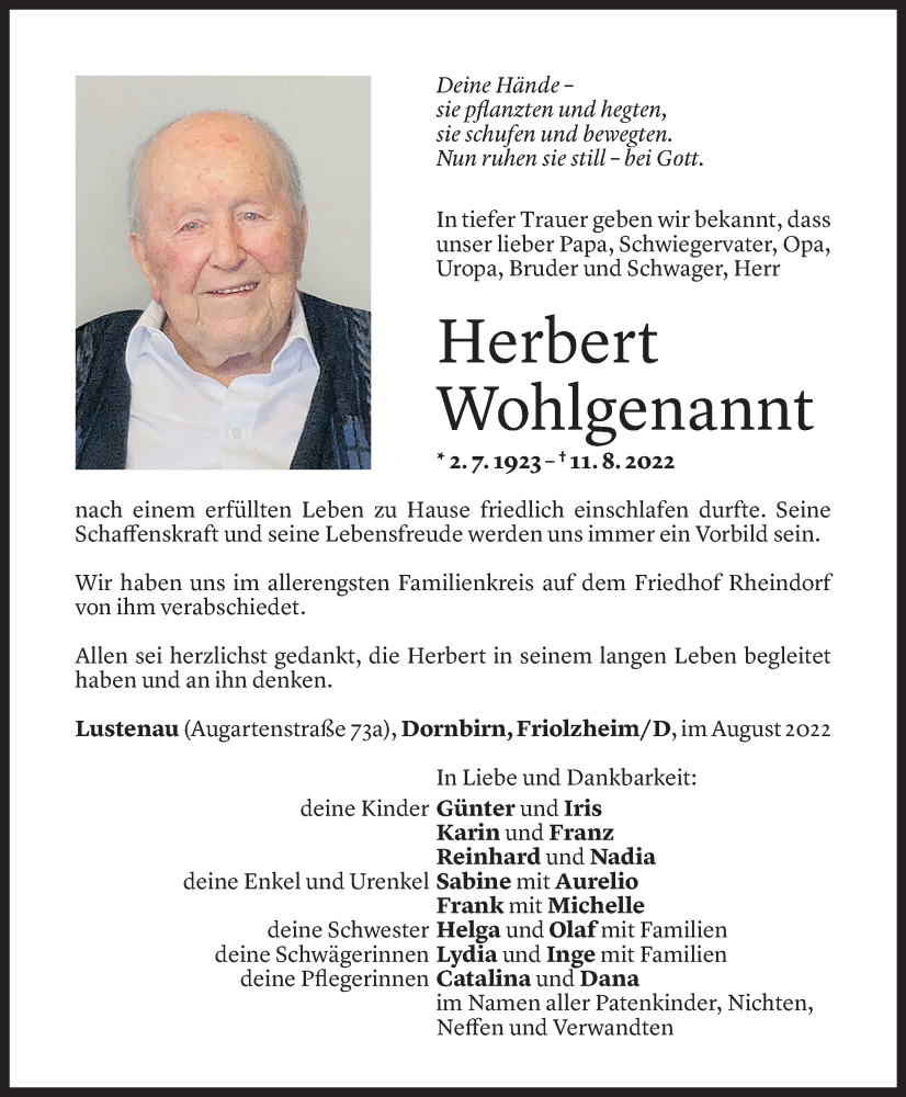  Todesanzeige für Herbert Wohlgenannt vom 17.08.2022 aus Vorarlberger Nachrichten