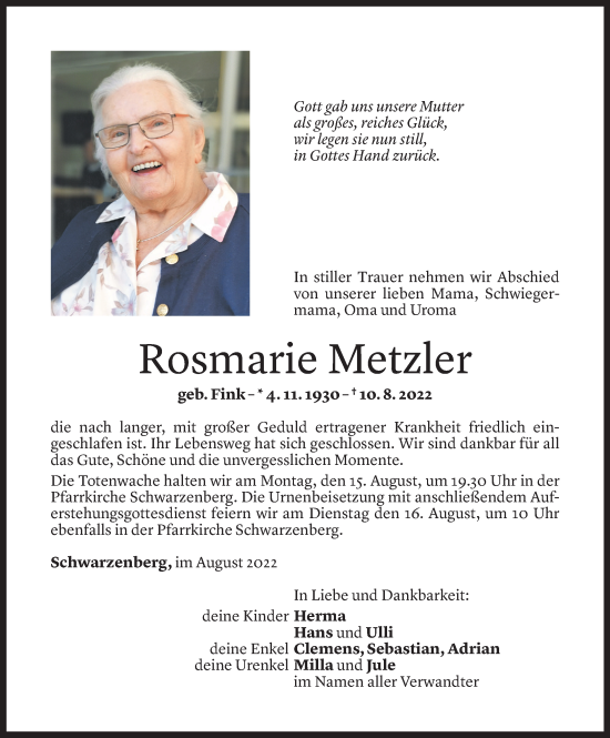 Todesanzeige von Rosmarie Metzler von vorarlberger nachrichten