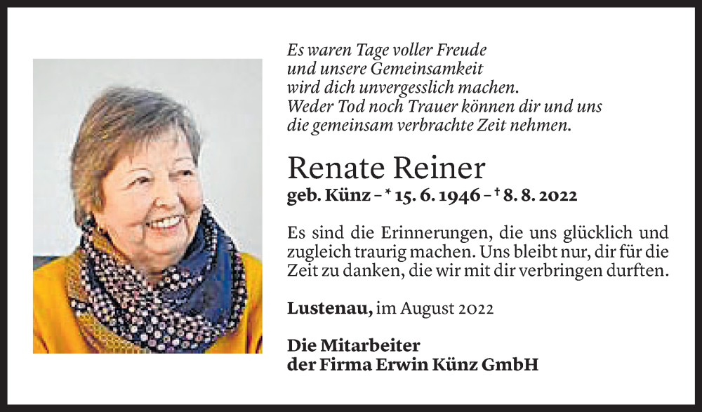  Todesanzeige für Renate Reiner vom 09.08.2022 aus vorarlberger nachrichten