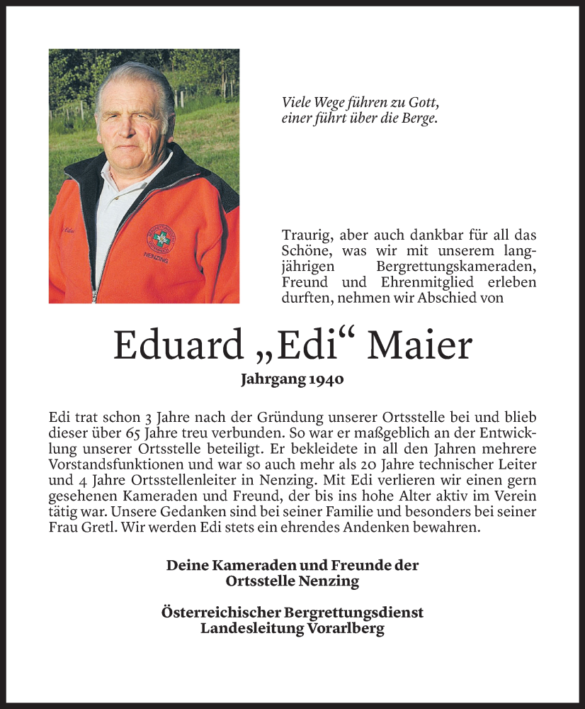  Todesanzeige für Eduard Maier vom 06.08.2022 aus Vorarlberger Nachrichten