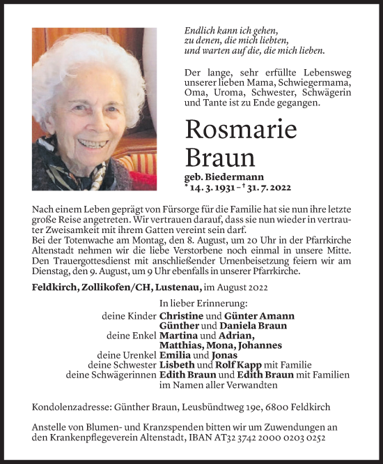 Todesanzeige von Rosmarie Braun von Vorarlberger Nachrichten