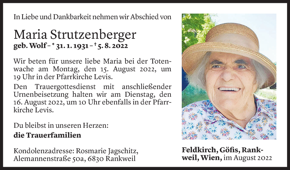  Todesanzeige für Maria Strutzenberger vom 12.08.2022 aus Vorarlberger Nachrichten