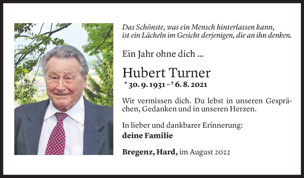  Todesanzeige für Hubert Turner vom 05.08.2022 aus Vorarlberger Nachrichten