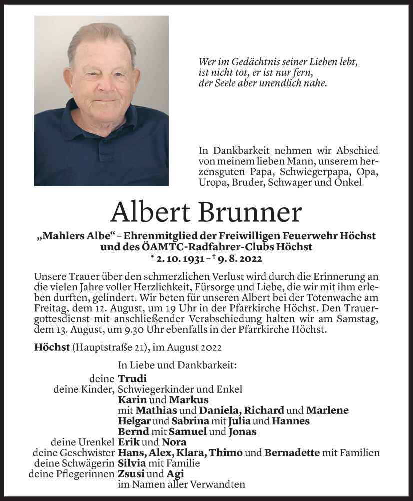  Todesanzeige für Albert Brunner vom 10.08.2022 aus vorarlberger nachrichten