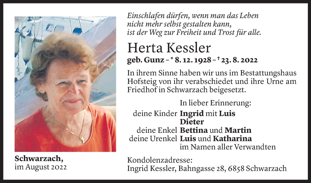  Todesanzeige für Herta Kessler vom 01.09.2022 aus Vorarlberger Nachrichten