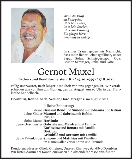 Todesanzeige von Gernot Muxel von Vorarlberger Nachrichten