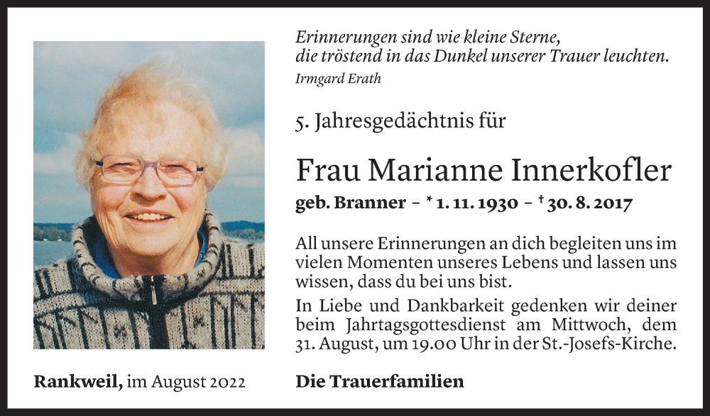 Todesanzeige für Marianne Innerkofler vom 30.08.2022 aus Vorarlberger Nachrichten