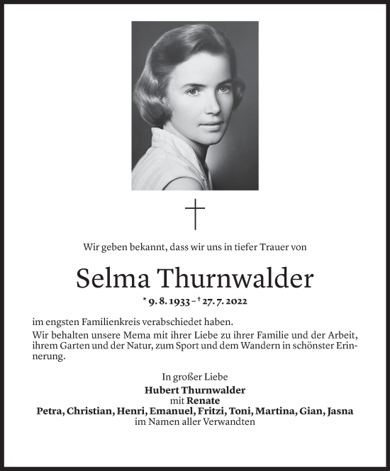 Todesanzeige von Selma Thurnwalder von Vorarlberger Nachrichten