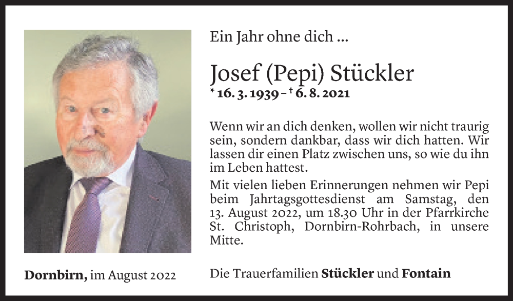  Todesanzeige für Josef Stückler vom 05.08.2022 aus Vorarlberger Nachrichten