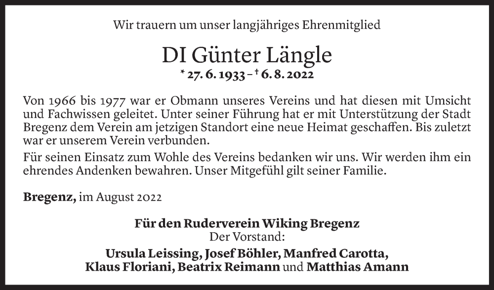  Todesanzeige für Günter Längle vom 12.08.2022 aus vorarlberger nachrichten