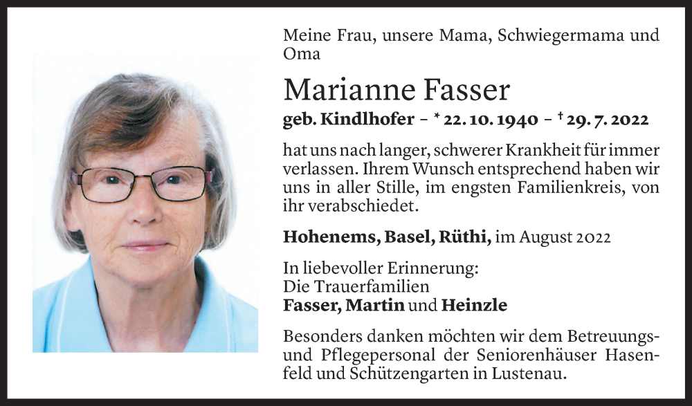  Todesanzeige für Marianne Fasser vom 06.08.2022 aus Vorarlberger Nachrichten