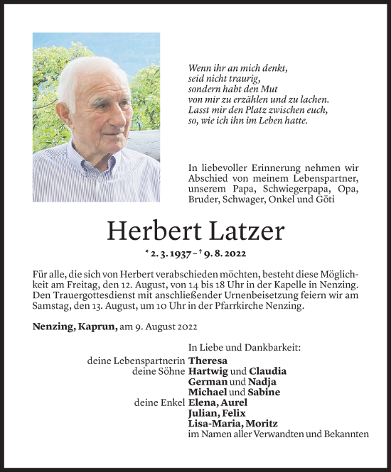 Todesanzeige von Herbert Latzer von vorarlberger nachrichten