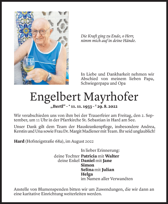 Todesanzeige von Engelbert Mayrhofer von Vorarlberger Nachrichten
