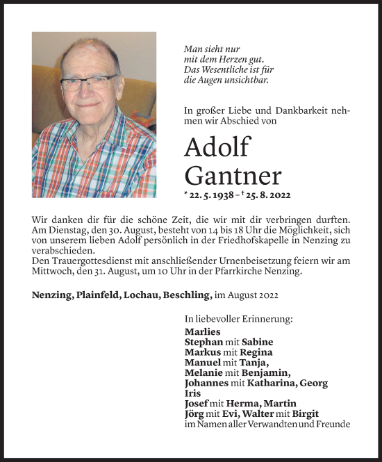 Todesanzeige von Adolf Gantner von Vorarlberger Nachrichten