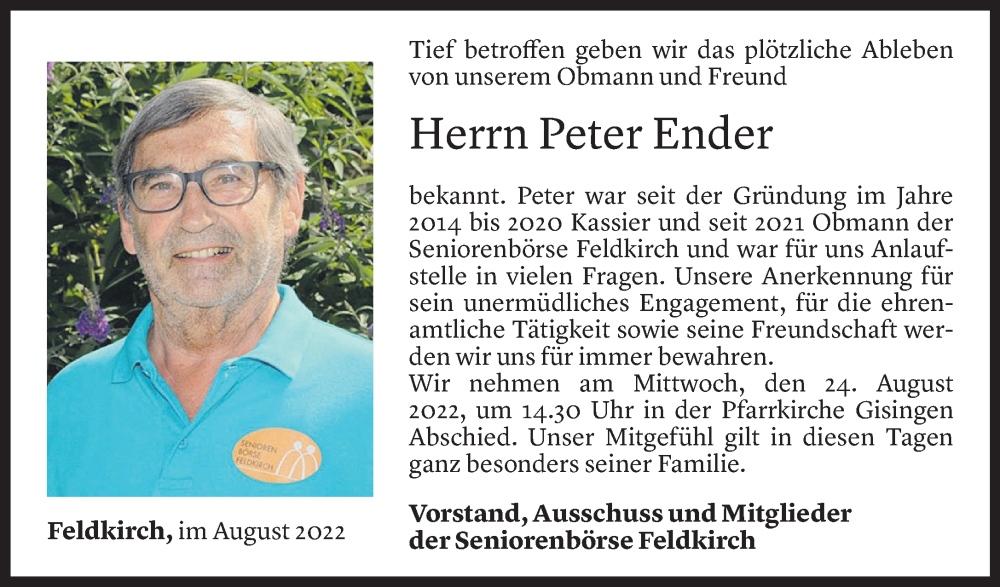  Todesanzeige für Peter Ender vom 22.08.2022 aus Vorarlberger Nachrichten