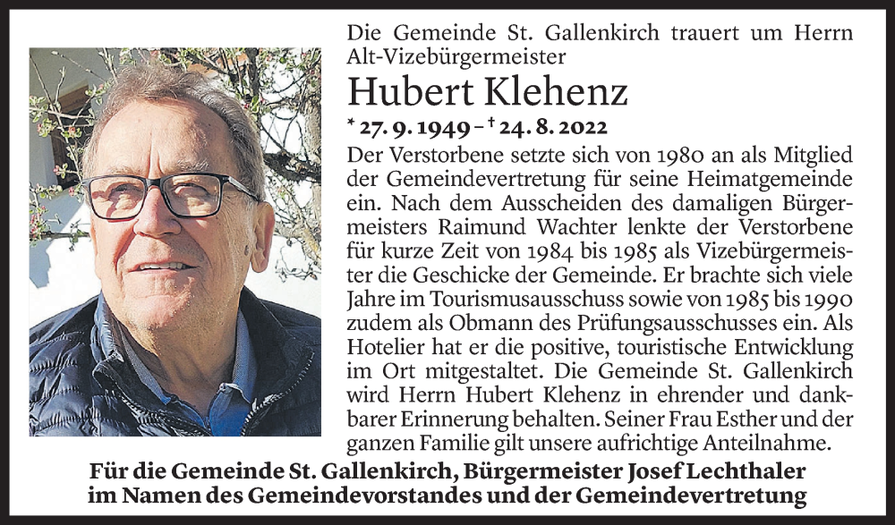  Todesanzeige für Hubert Klehenz vom 26.08.2022 aus Vorarlberger Nachrichten