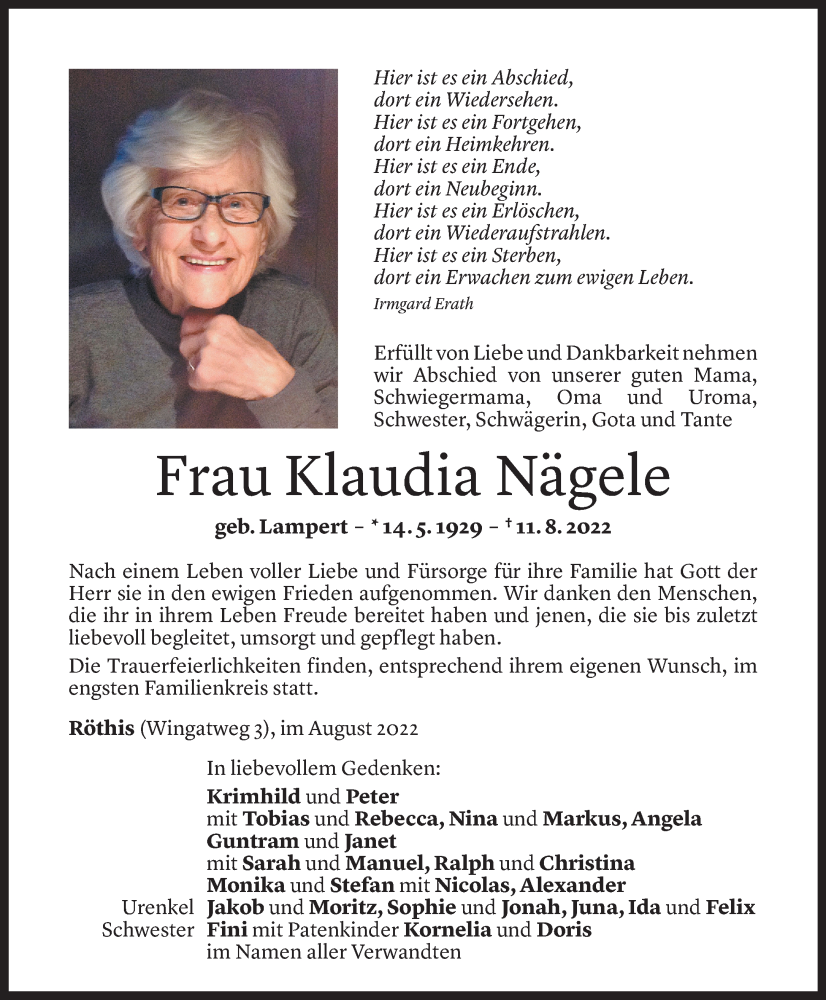  Todesanzeige für Klaudia Nägele vom 17.08.2022 aus Vorarlberger Nachrichten